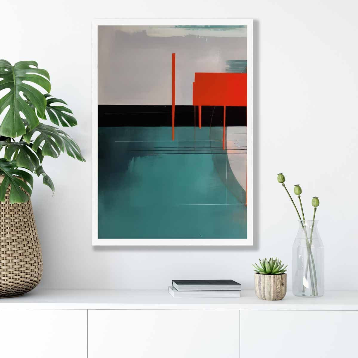 Abstract Shapes Art Print Teal Red and Grey No 2