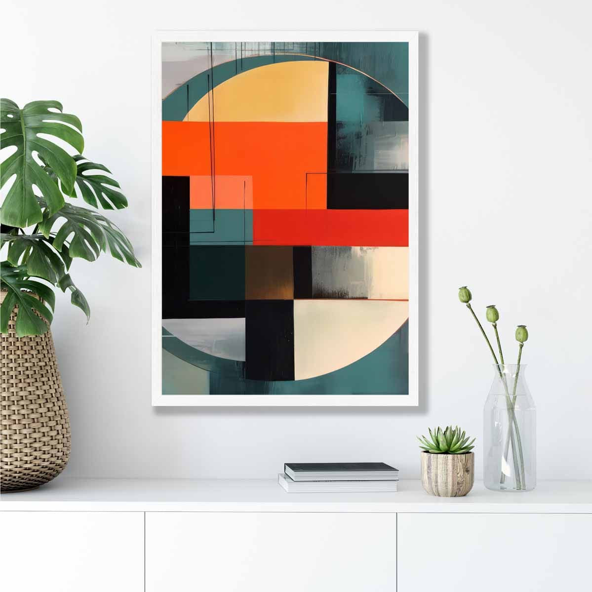 Abstract Shapes Art Print Teal Red and Grey No 3
