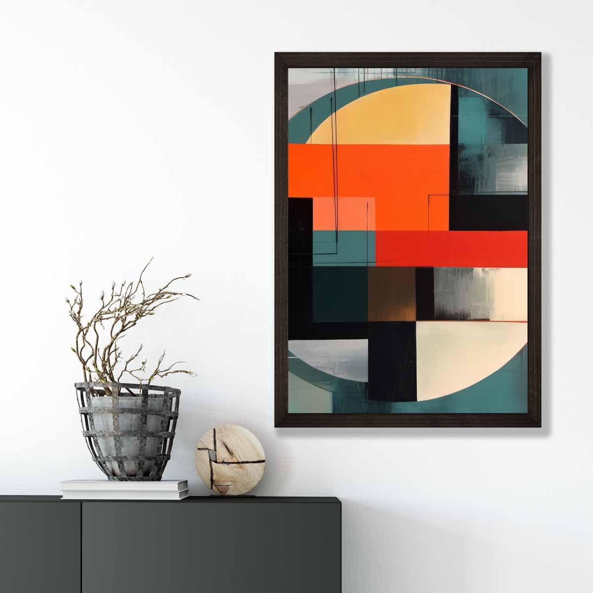 Abstract Shapes Art Print Teal Red and Grey No 3