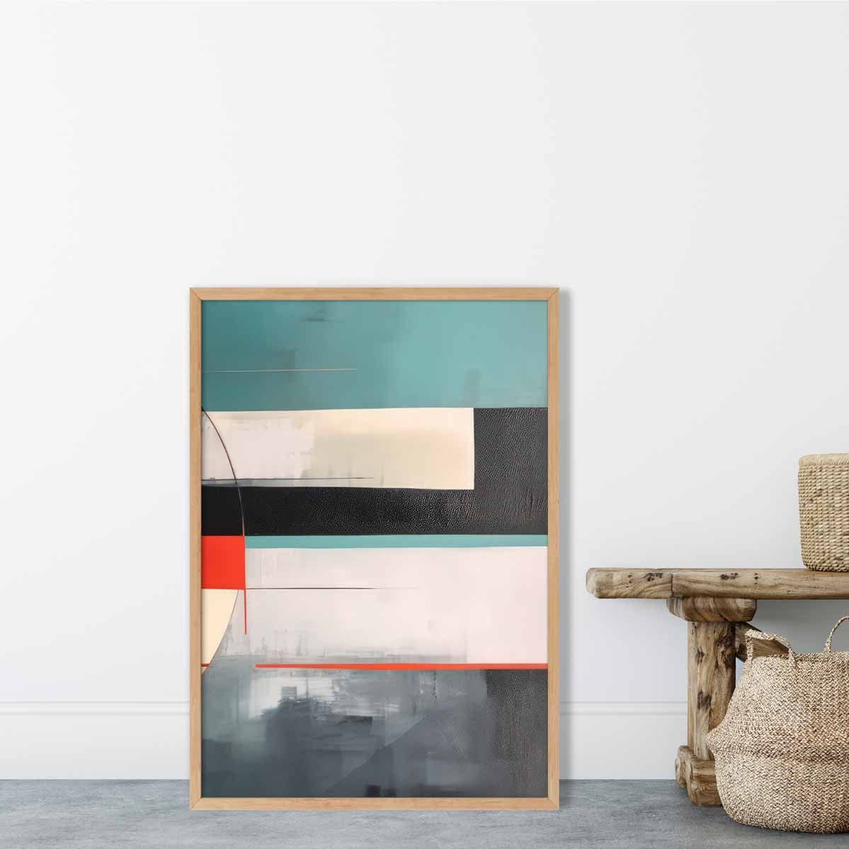 Abstract Shapes Art Print Teal Red and Grey No 4