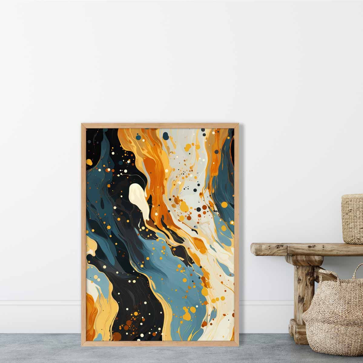 Abstract Painting Fluid Art Print Blue Orange and Beige No 1