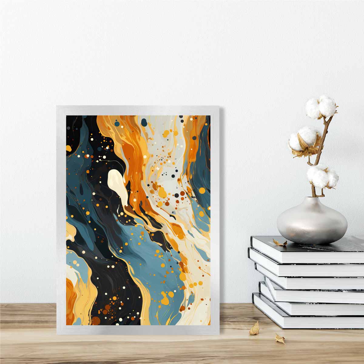 Abstract Painting Fluid Art Print Blue Orange and Beige No 1