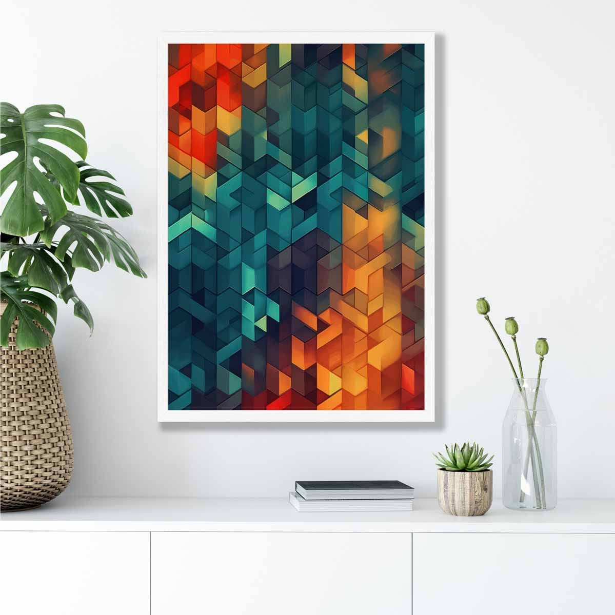 Abstract Geometric Shapes Art Print Blue Orange and Red No 2