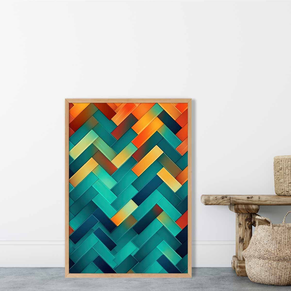 Abstract Geometric Shapes Art Print Teal Blue Orange and Red No 1