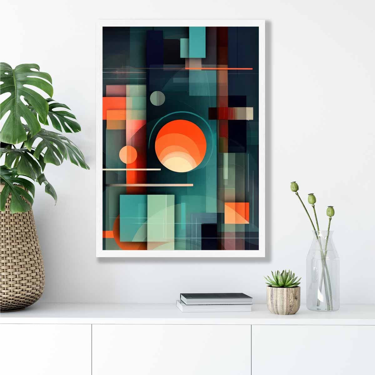 Modern Abstract Shapes Art Print Navy Blue and Orange No 2