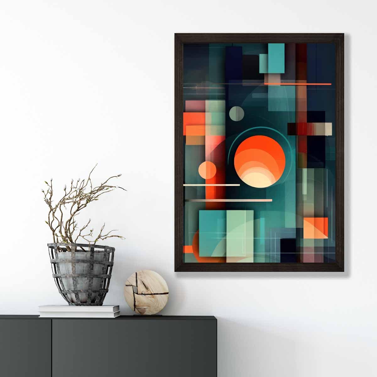 Modern Abstract Shapes Art Print Navy Blue and Orange No 2