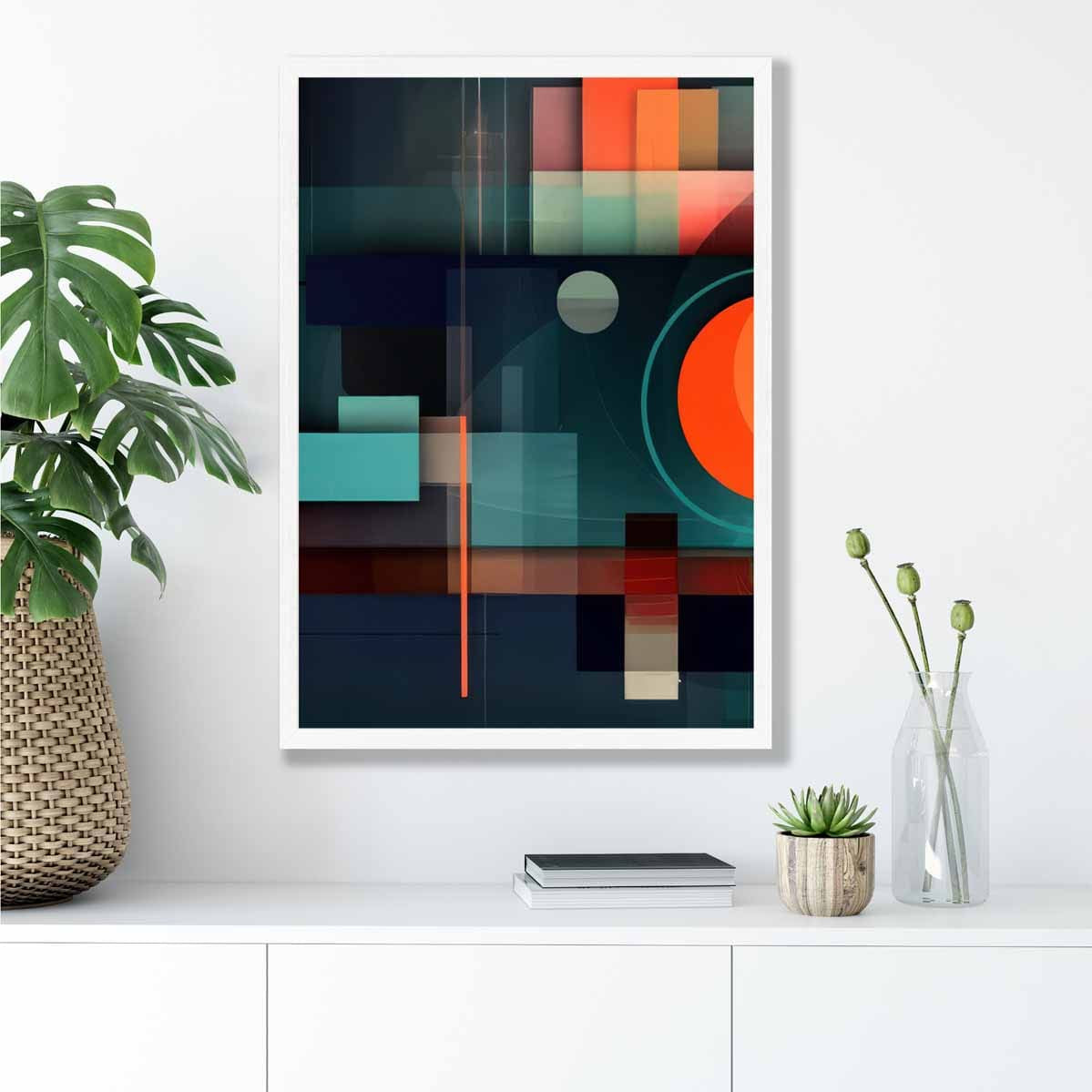 Modern Abstract Shapes Art Print Navy Blue and Orange No 4