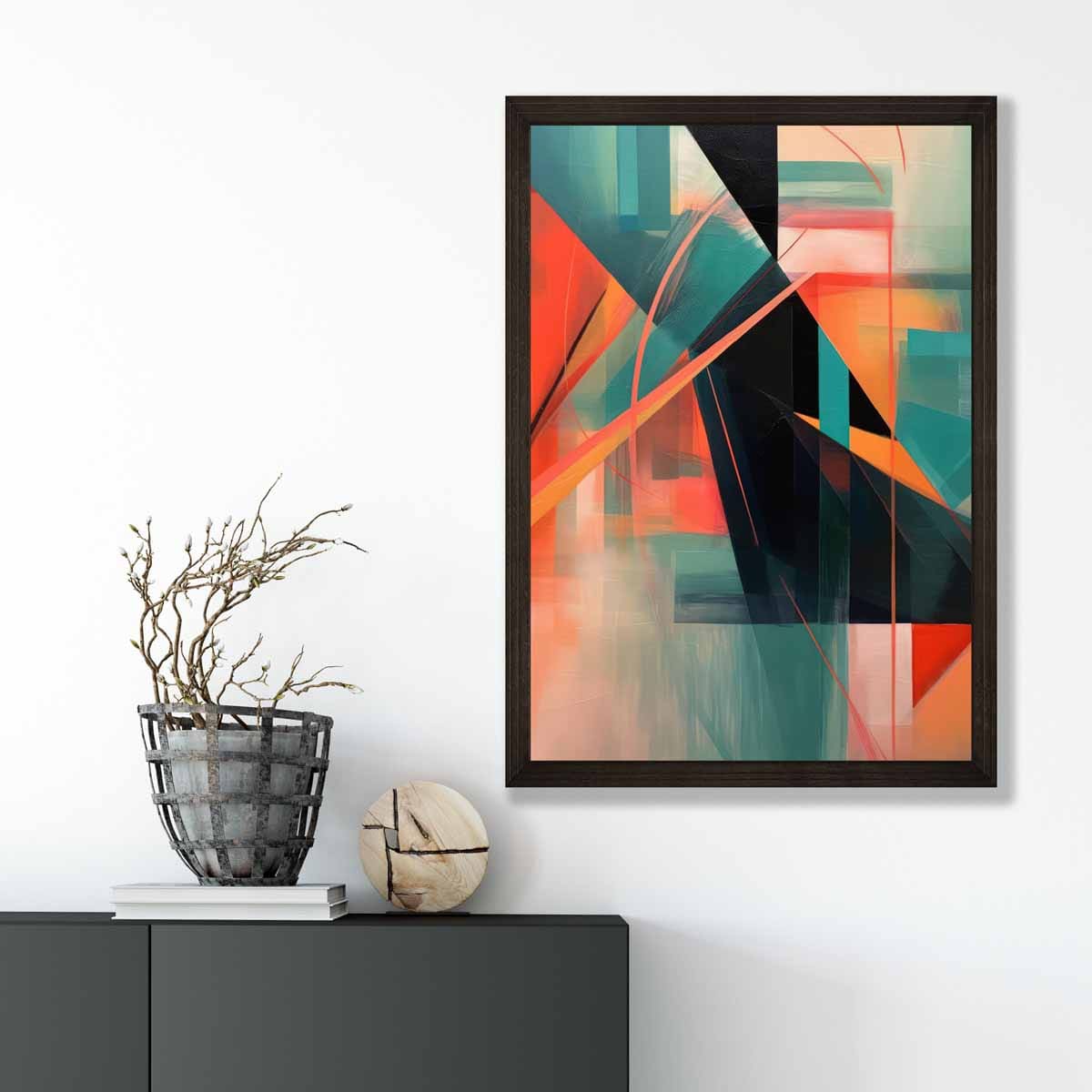 Modern Abstract Shapes Wall Art Poster Teal Blue Orange and Black No 1