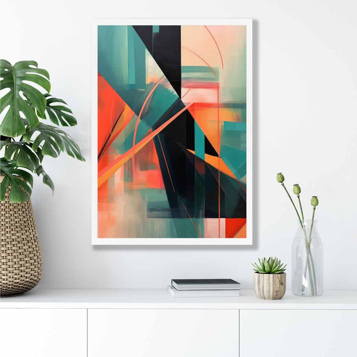 Modern Abstract Shapes Wall Art Poster Teal Blue Orange and Black No 2