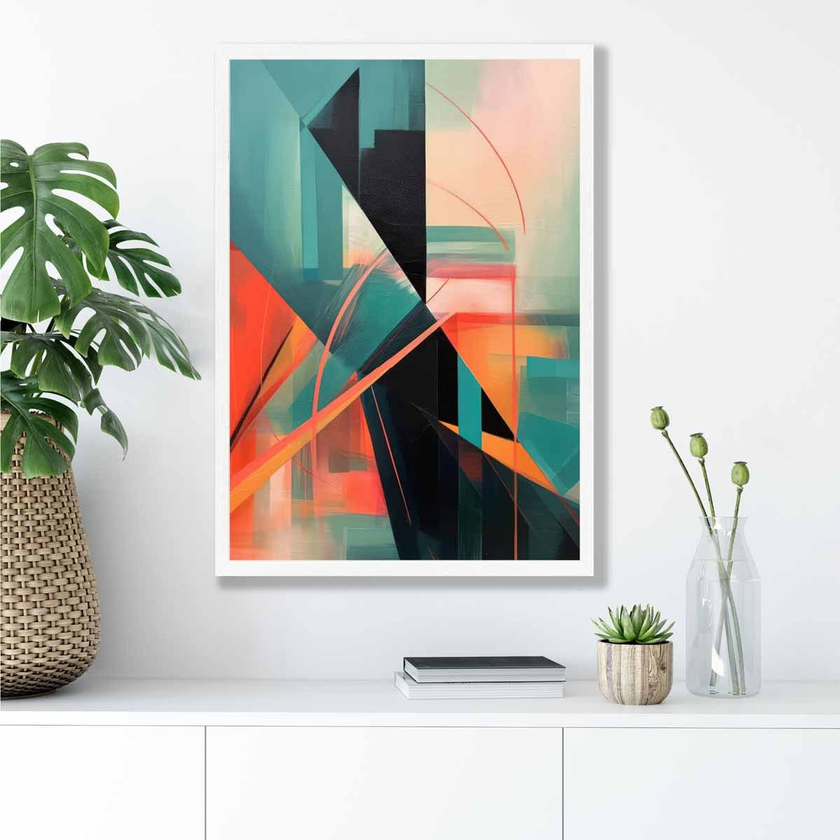 Modern Abstract Shapes Wall Art Poster Teal Blue Orange and Black No 3