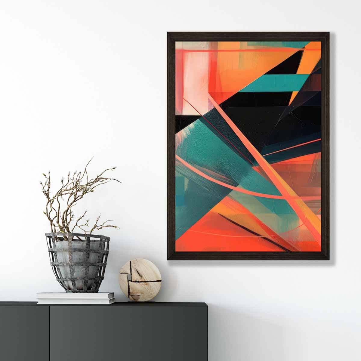 Modern Abstract Shapes Wall Art Poster Teal Blue Orange and Black No 5