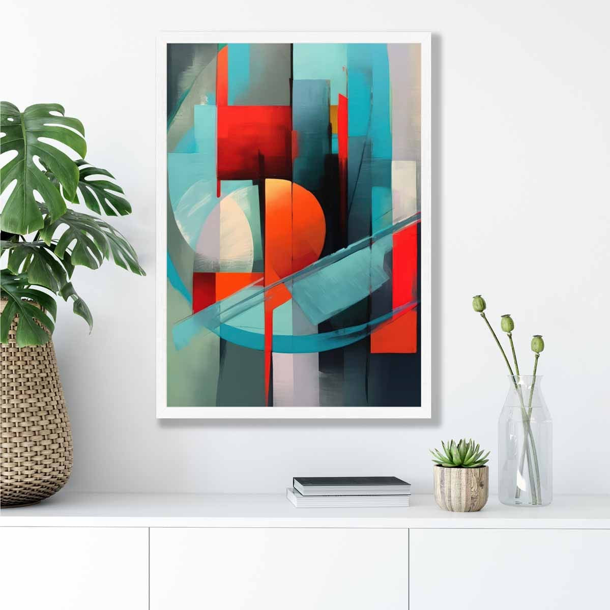 Modern Abstract Shapes Wall Art Poster Blue Red and Grey No 1