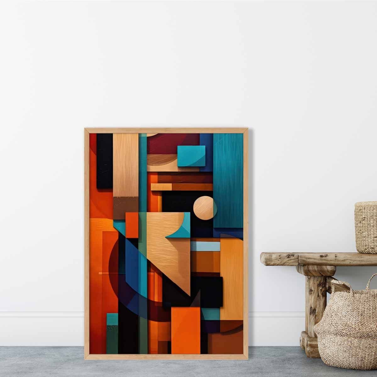 Modern Abstract Shapes Art Print Blue Orange and Beige No 1