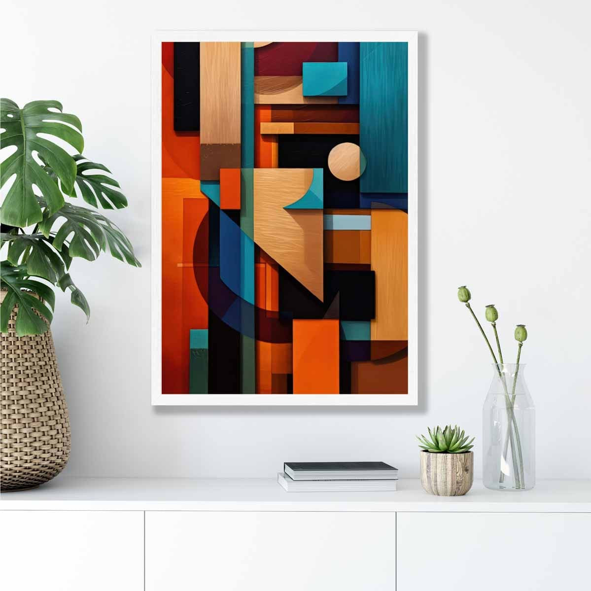 Modern Abstract Shapes Art Print Blue Orange and Beige No 1