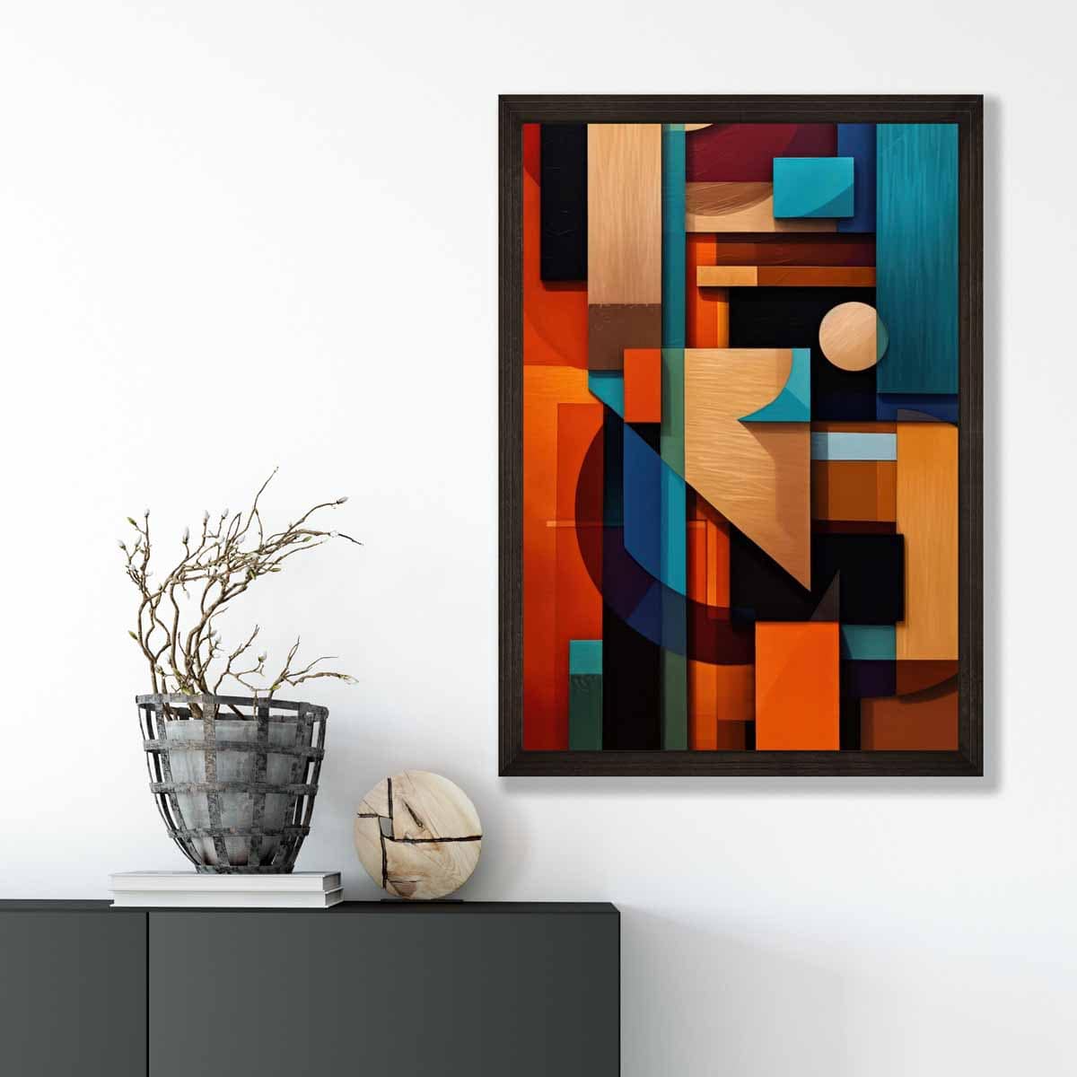 Modern Abstract Shapes Art Print Blue Orange and Beige No 1