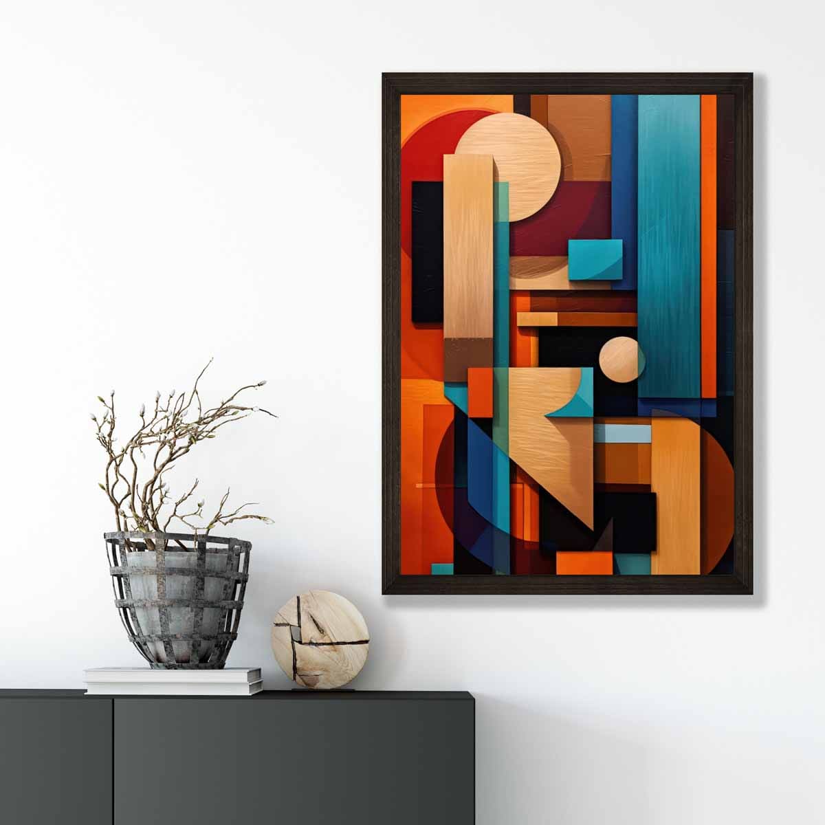 Modern Abstract Shapes Art Print Blue Orange and Beige No 2