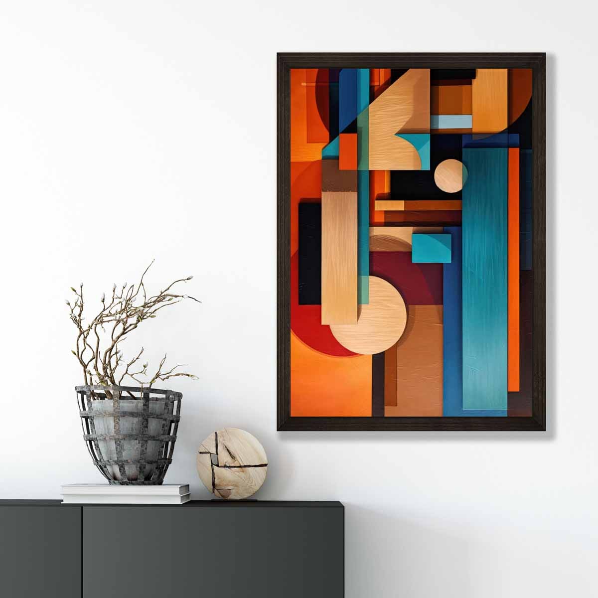 Modern Abstract Shapes Art Print Blue Orange and Beige No 3