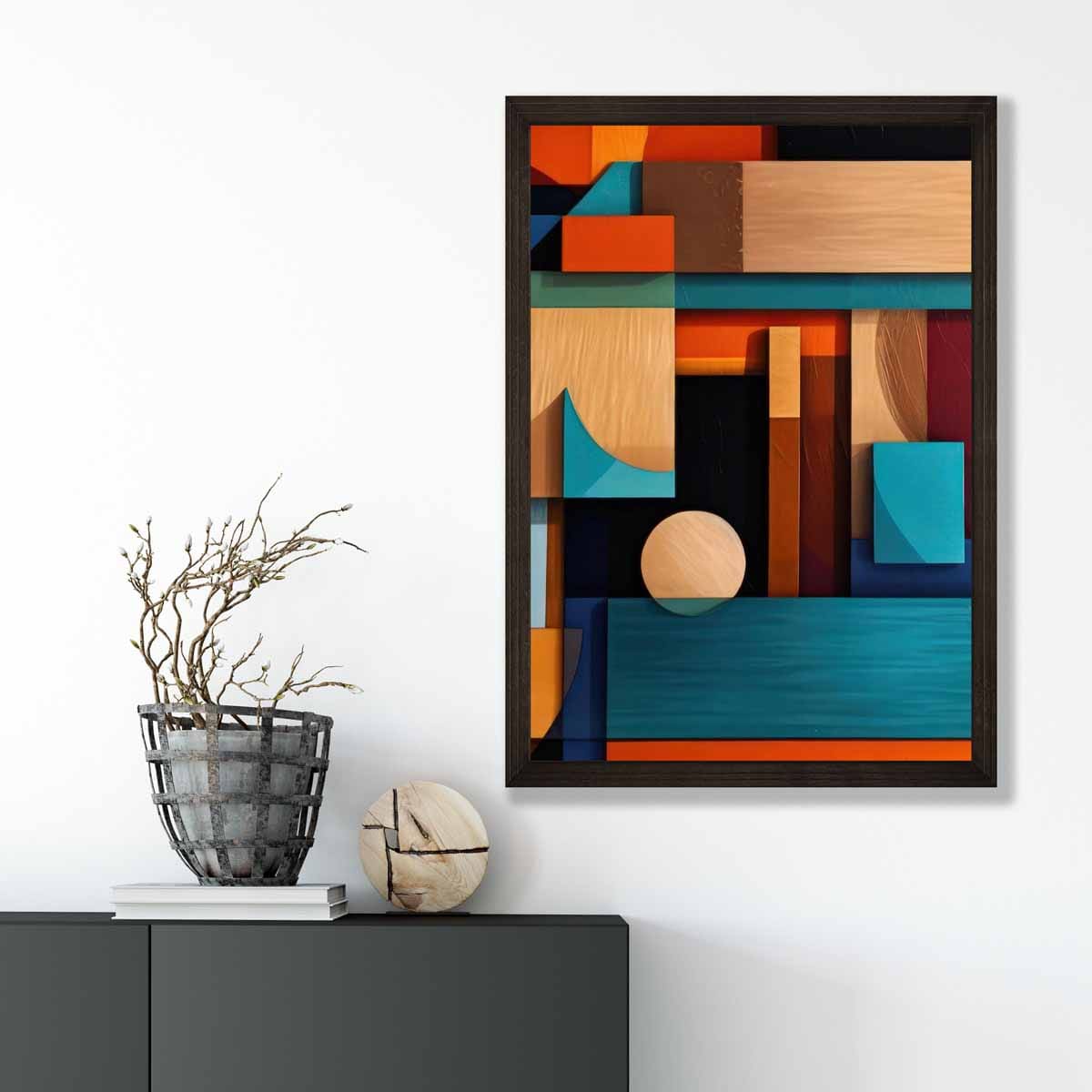 Modern Abstract Shapes Art Print Blue Orange and Beige No 5