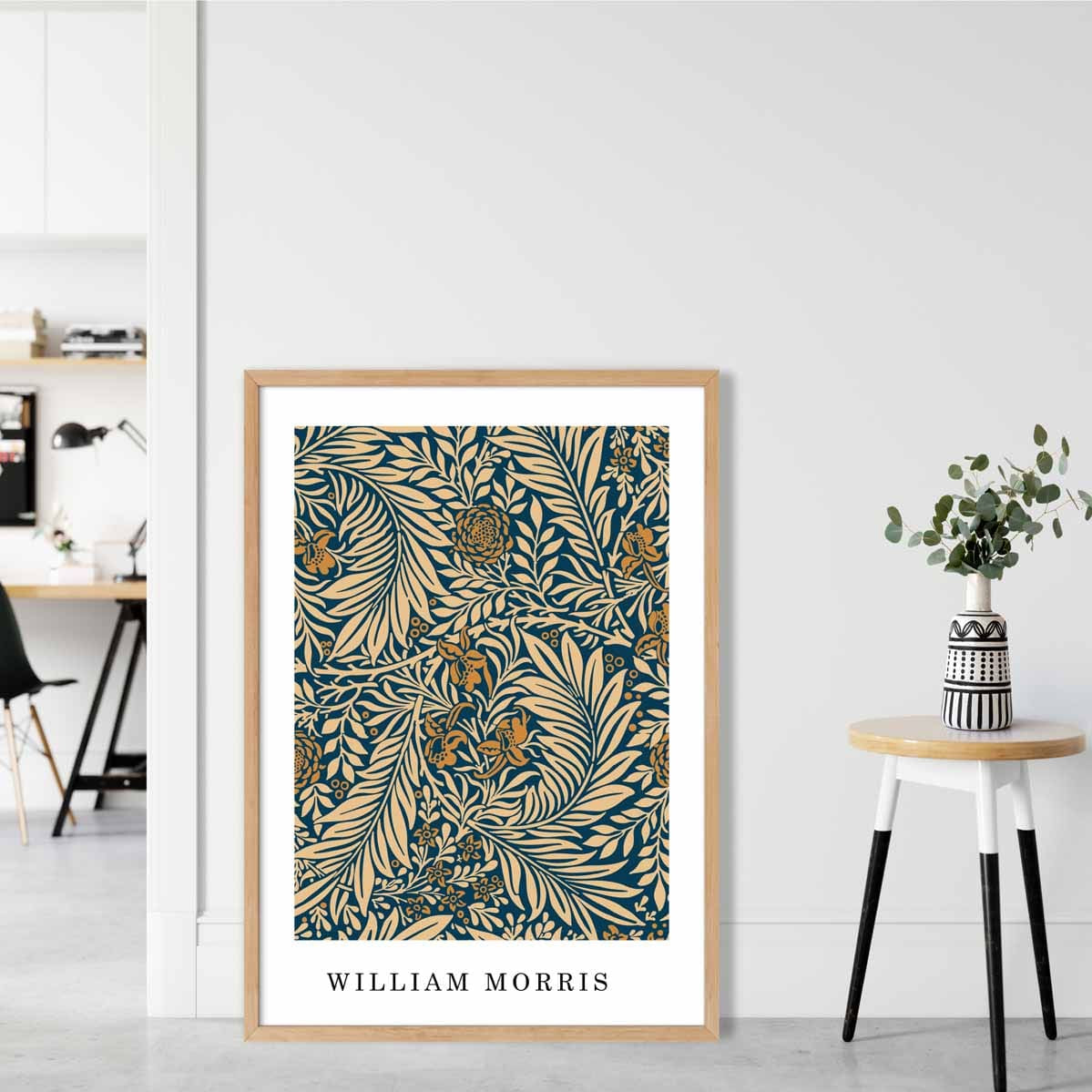 William Morris Navy Blue and Beige Vintage Larkspur Floral Art Print