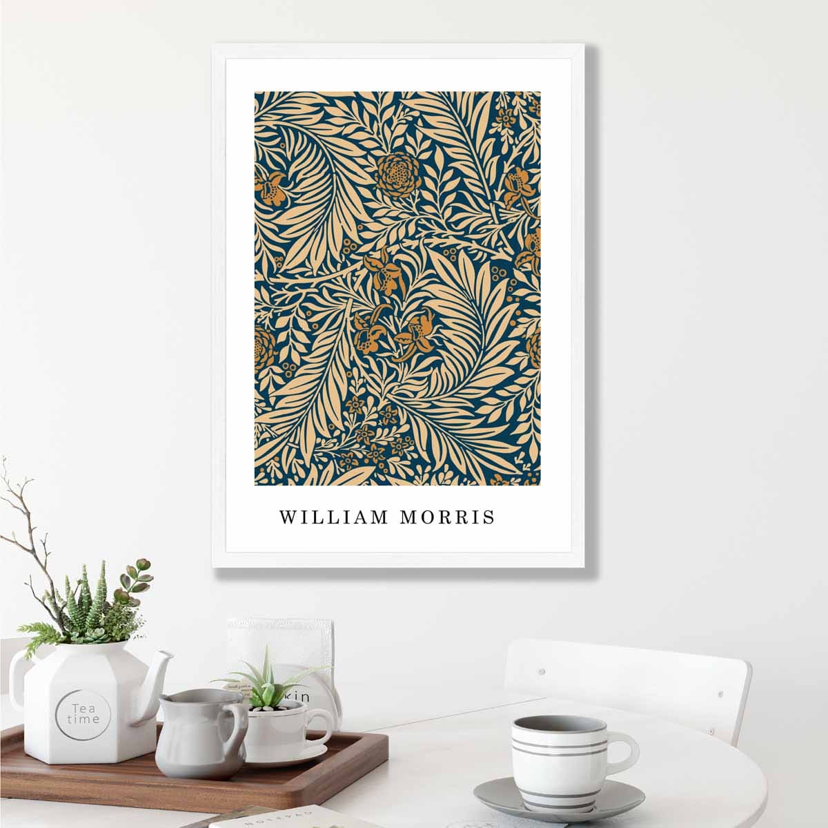 William Morris Navy Blue and Beige Vintage Larkspur Floral Art Print