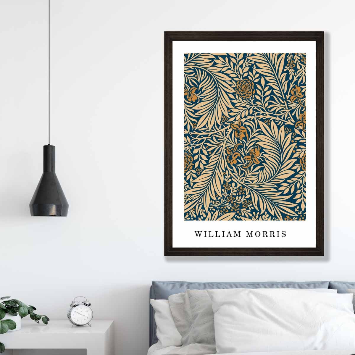 William Morris Navy Blue and Beige Vintage Larkspur Floral Art Print
