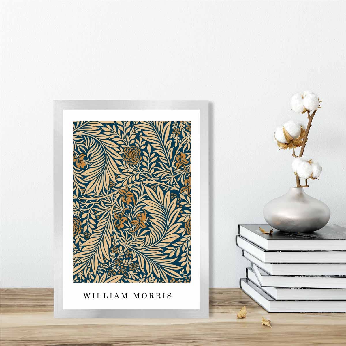William Morris Navy Blue and Beige Vintage Larkspur Floral Art Print