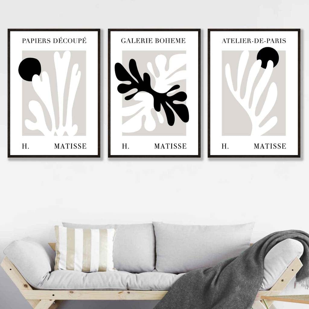 Matisse Floral Cut Out Style Set of 3 Wall Art Prints in Black & Beige