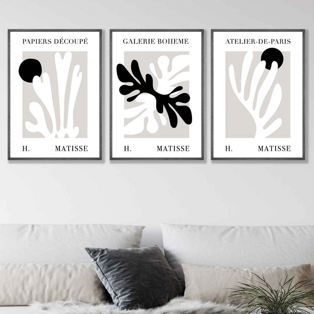 Matisse Floral Cut Out Style Set of 3 Wall Art Prints in Black & Beige