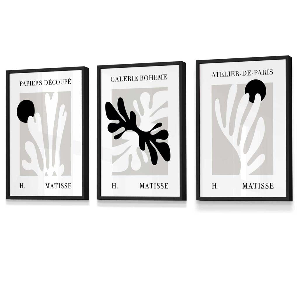 Matisse Floral Cut Out Style Set of 3 Wall Art Prints / Framed in Black & Beige | Artze Wall Art UK