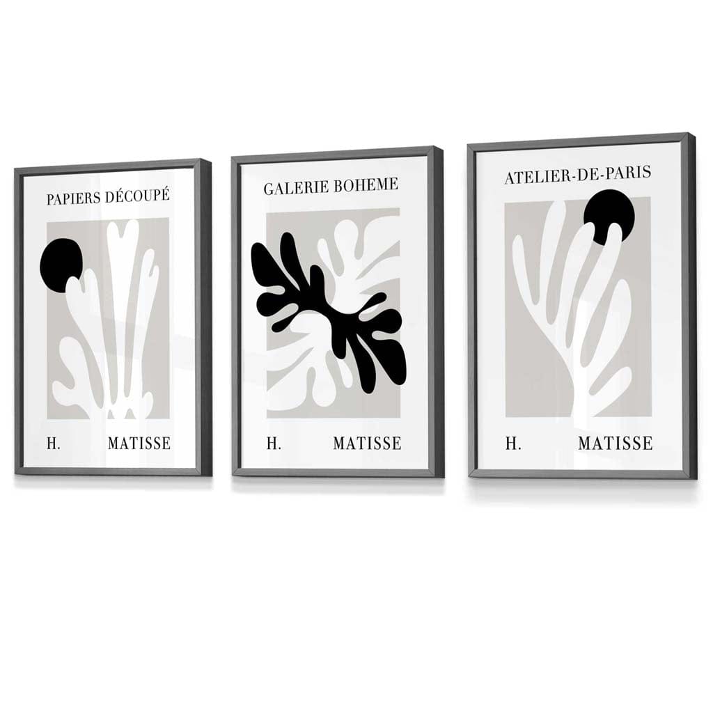 Matisse Floral Cut Out Style Set of 3 Wall Art Prints / Framed in Black & Beige | Artze Wall Art UK
