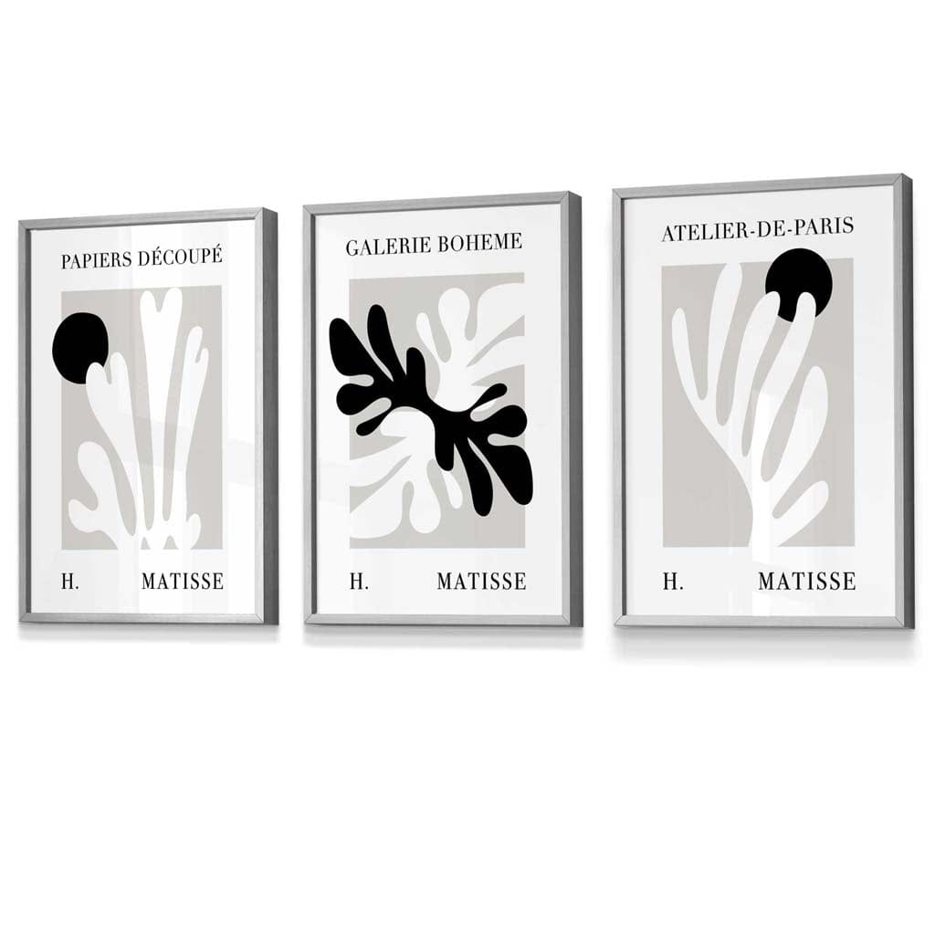 Matisse Floral Cut Out Style Set of 3 Wall Art Prints / Framed in Black & Beige | Artze Wall Art UK