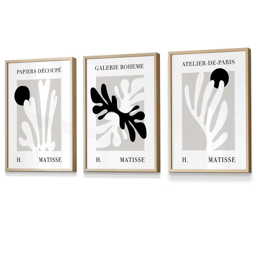 Matisse Floral Cut Out Style Set of 3 Wall Art Prints / Framed in Black & Beige | Artze Wall Art UK