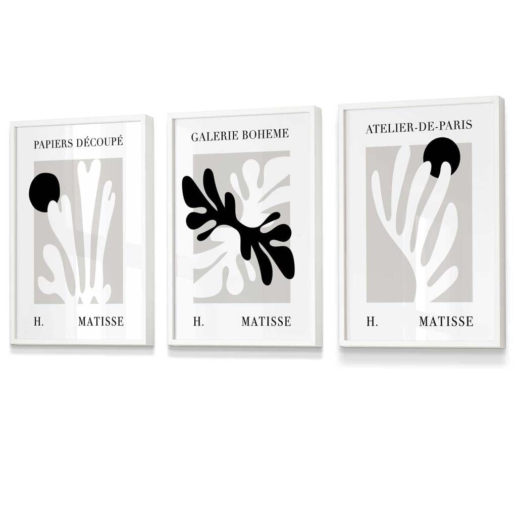 Matisse Floral Cut Out Style Set of 3 Wall Art Prints / Framed in Black & Beige | Artze Wall Art UK