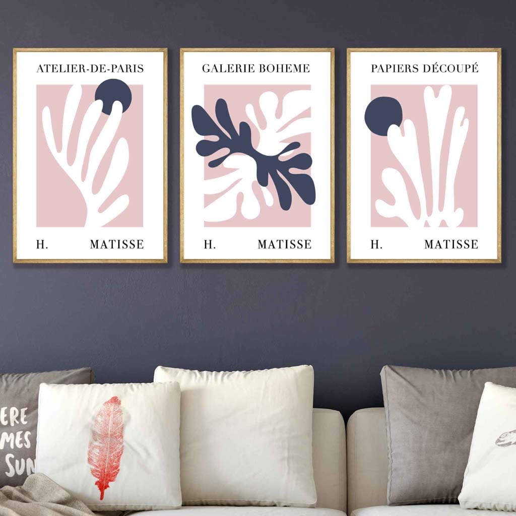 Matisse Floral Cut Out Style Set of 3 Wall Art Prints in Navy & Pink