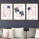 Matisse Floral Cut Out Style Set of 3 Wall Art Prints in Navy & Pink