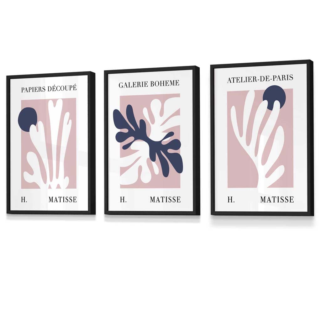Matisse Floral Cut Out Style Set of 3 Wall Art Prints / Framed in Navy & Pink | Artze Wall Art UK