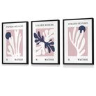 Matisse Floral Cut Out Style Set of 3 Wall Art Prints / Framed in Navy & Pink | Artze Wall Art UK