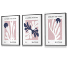 Matisse Floral Cut Out Style Set of 3 Wall Art Prints / Framed in Navy & Pink | Artze Wall Art UK