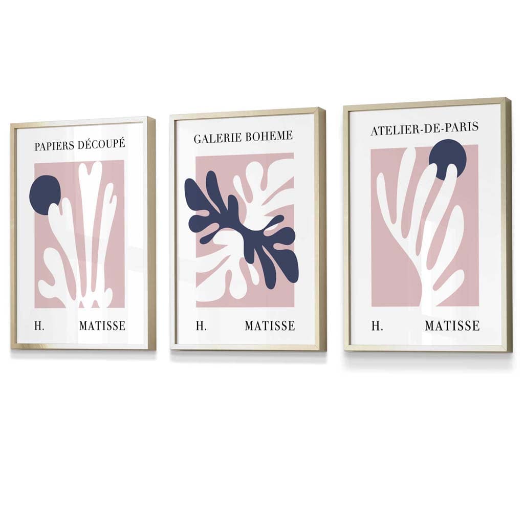 Matisse Floral Cut Out Style Set of 3 Wall Art Prints / Framed in Navy & Pink | Artze Wall Art UK