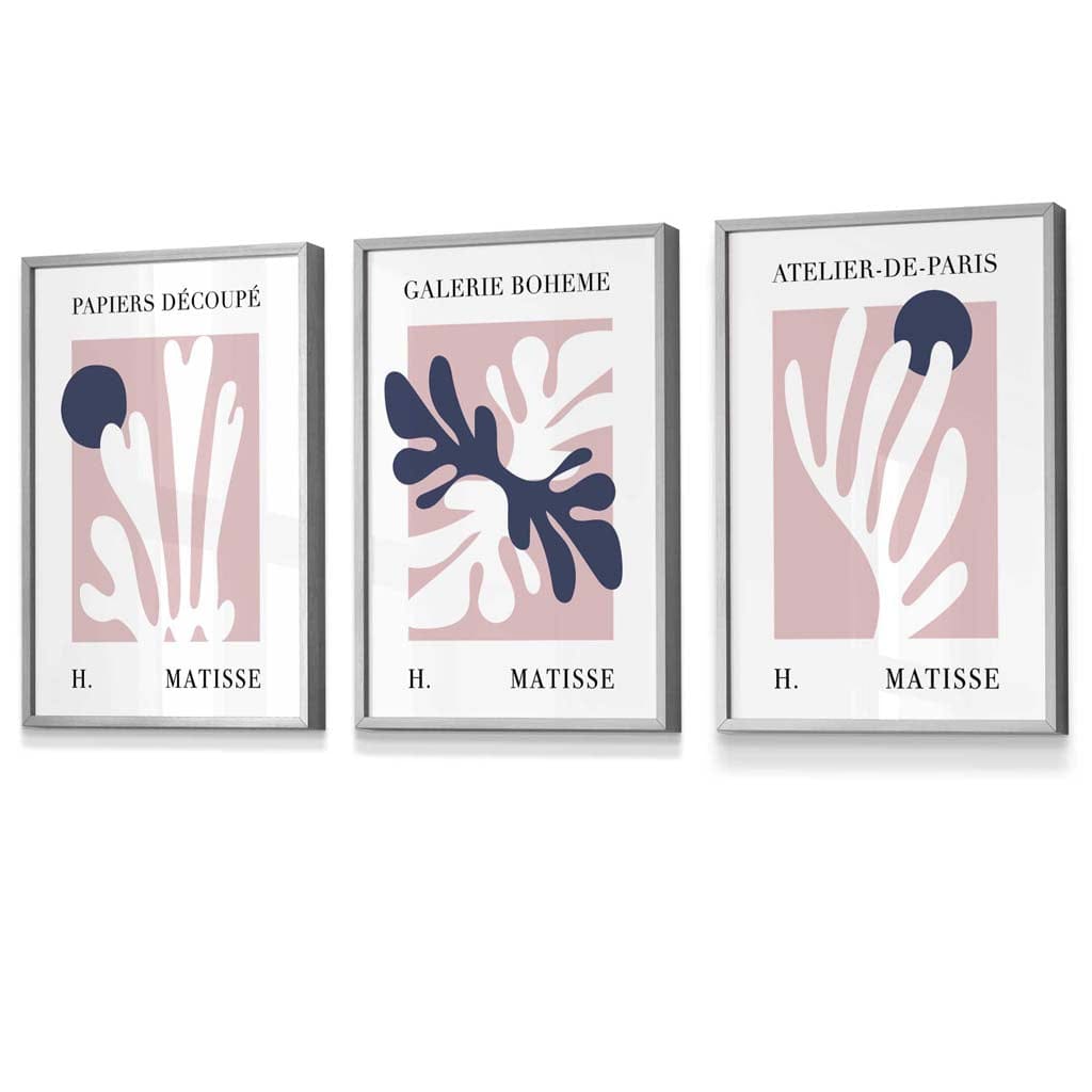 Matisse Floral Cut Out Style Set of 3 Wall Art Prints / Framed in Navy & Pink | Artze Wall Art UK