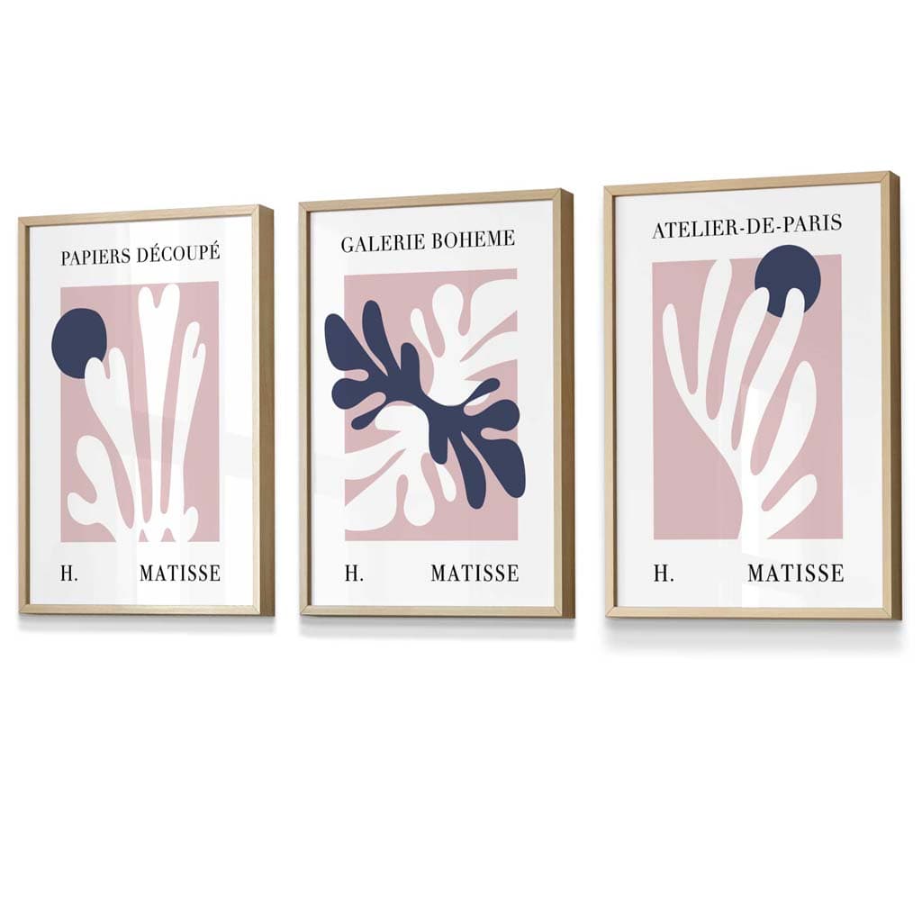 Matisse Floral Cut Out Style Set of 3 Wall Art Prints / Framed in Navy & Pink | Artze Wall Art UK