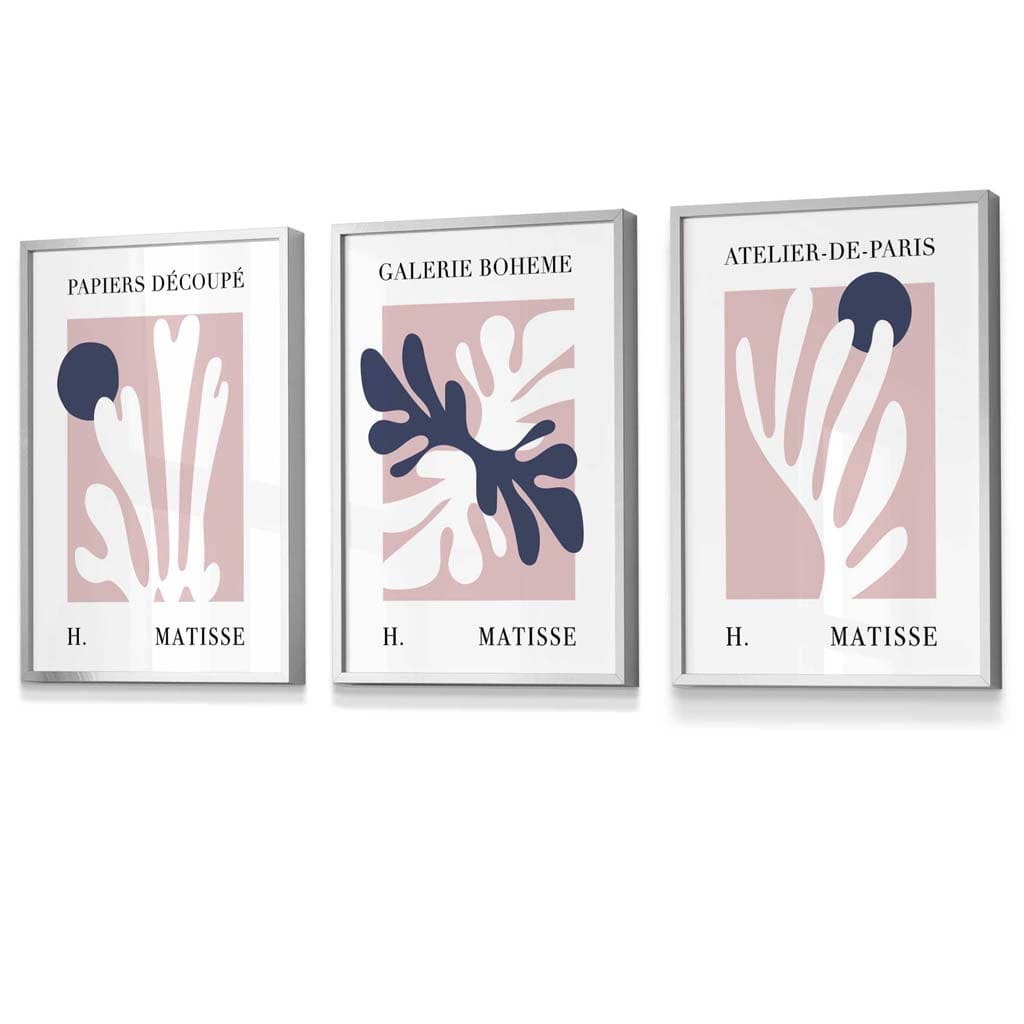 Matisse Floral Cut Out Style Set of 3 Wall Art Prints / Framed in Navy & Pink | Artze Wall Art UK