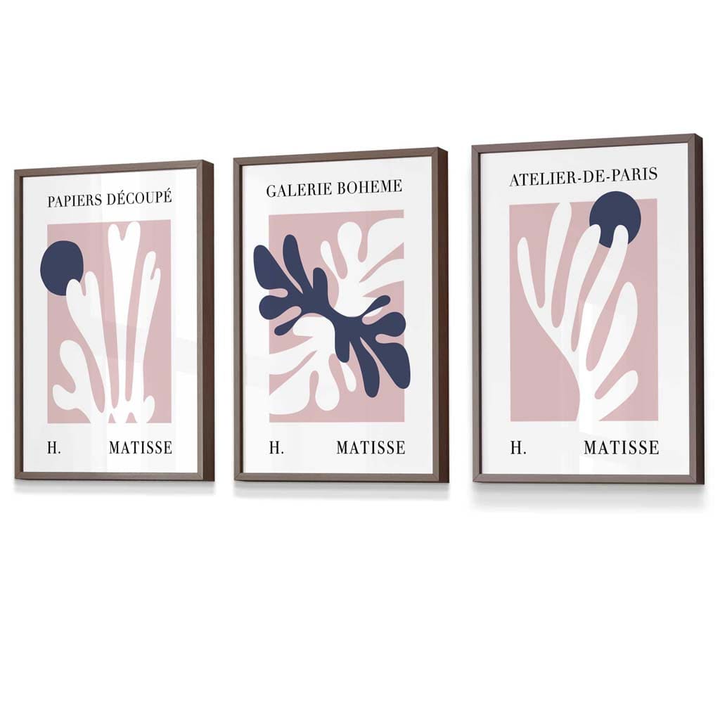 Matisse Floral Cut Out Style Set of 3 Wall Art Prints / Framed in Navy & Pink | Artze Wall Art UK