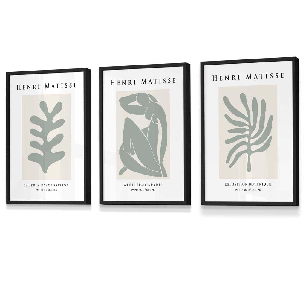 Matisse Floral and Nude Set of 3 Wall Art Prints / Framed in Sage Green | Artze Wall Art UK