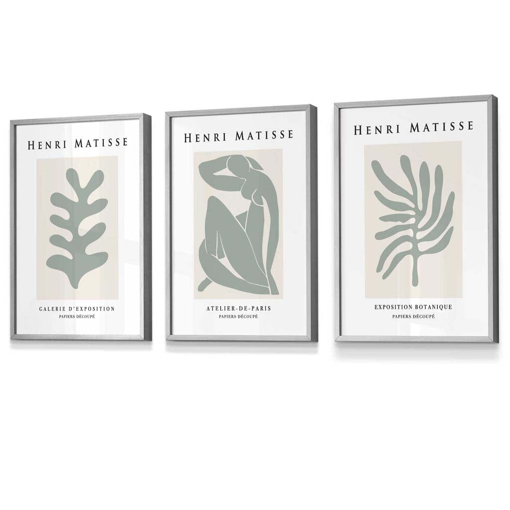 Matisse Floral and Nude Set of 3 Wall Art Prints / Framed in Sage Green | Artze Wall Art UK