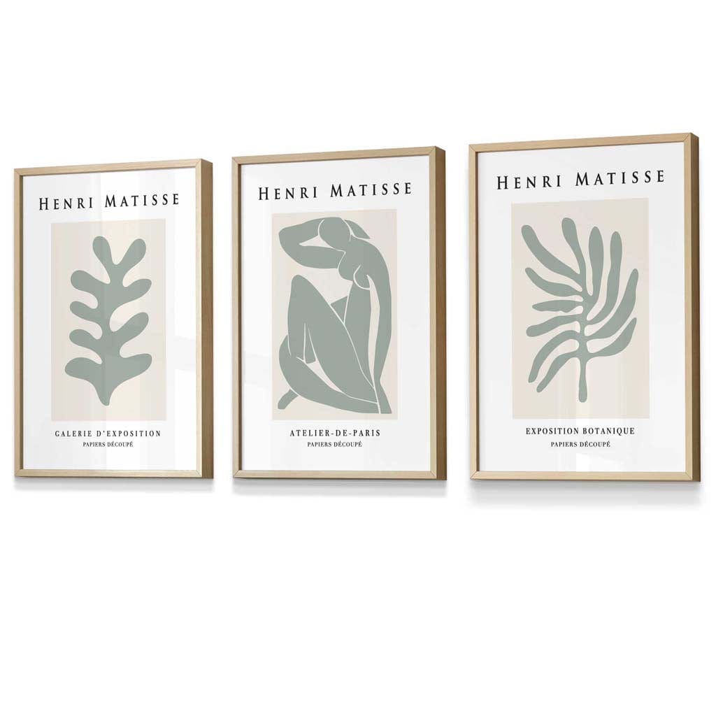 Matisse Floral and Nude Set of 3 Wall Art Prints / Framed in Sage Green | Artze Wall Art UK