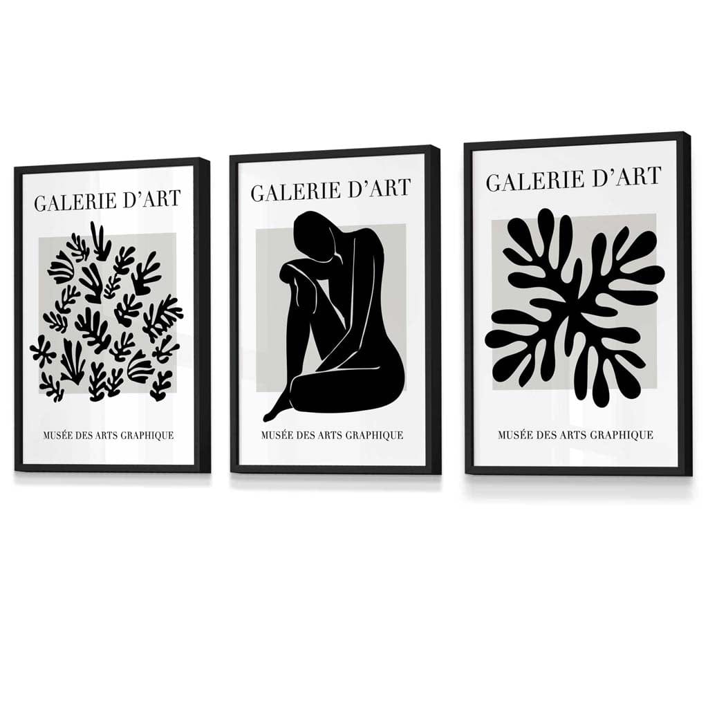 Matisse Floral and Nude Set of 3 Black and Grey Wall Art Prints / Framed | Artze Wall Art UK