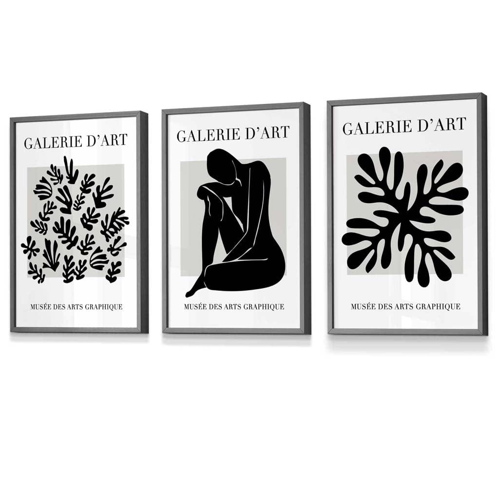 Matisse Floral and Nude Set of 3 Black and Grey Wall Art Prints / Framed | Artze Wall Art UK