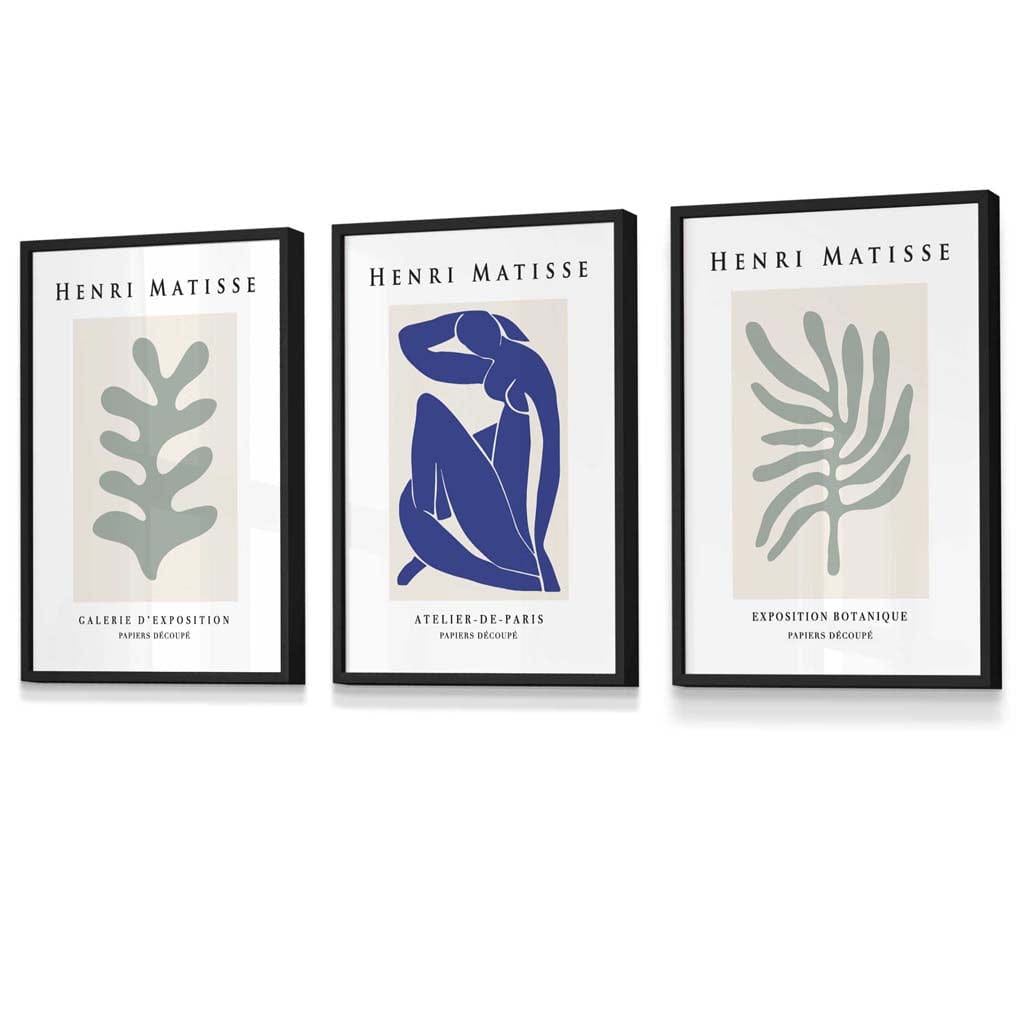 Set of 3 Framed Wall Art Prints Matisse Botanical Shapes with Nude in Green & Blue | Artze Wall Art UK