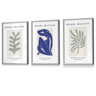 Set of 3 Framed Wall Art Prints Matisse Botanical Shapes with Nude in Green & Blue | Artze Wall Art UK